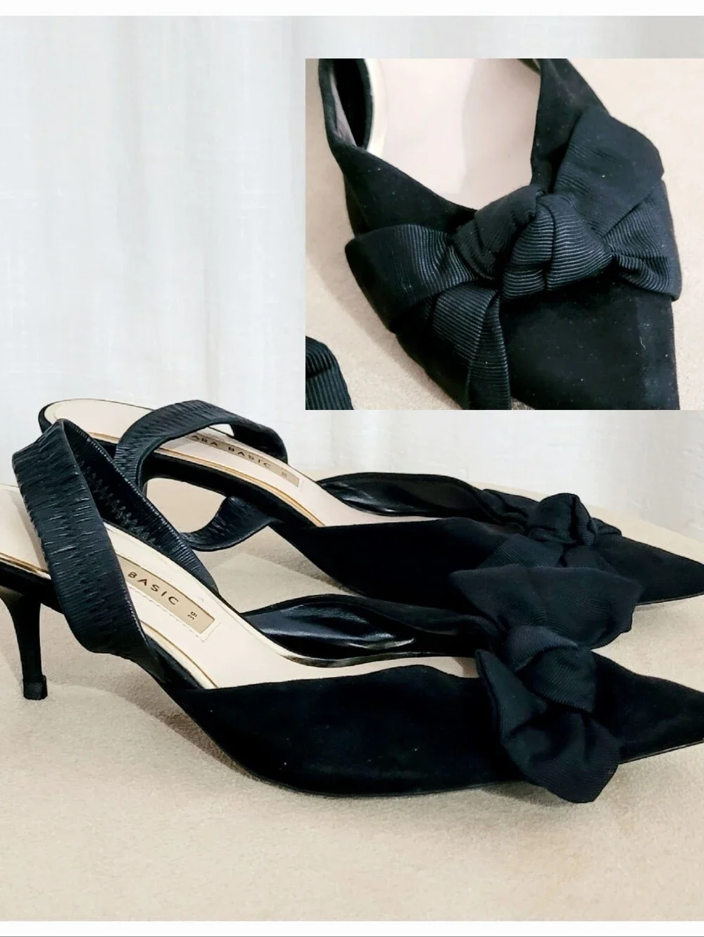 Black Pointed Slingback Kitten Heels with Bow - Picture 3 of 12
